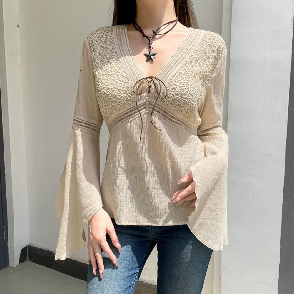 Zara Autumn Winter Lace Trim Flare Sleeve Back Tie Waist Slim Pullover Solid Top